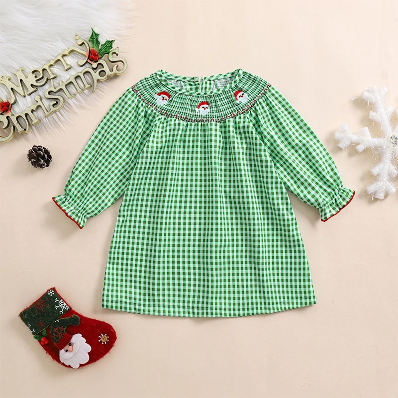 2024-08-09 Lioraitiin Toddler Baby Girl Christmas Dress Long Sleeve O-Neck Plaid Print Loose Dress Baby Santa Embroidery Dress