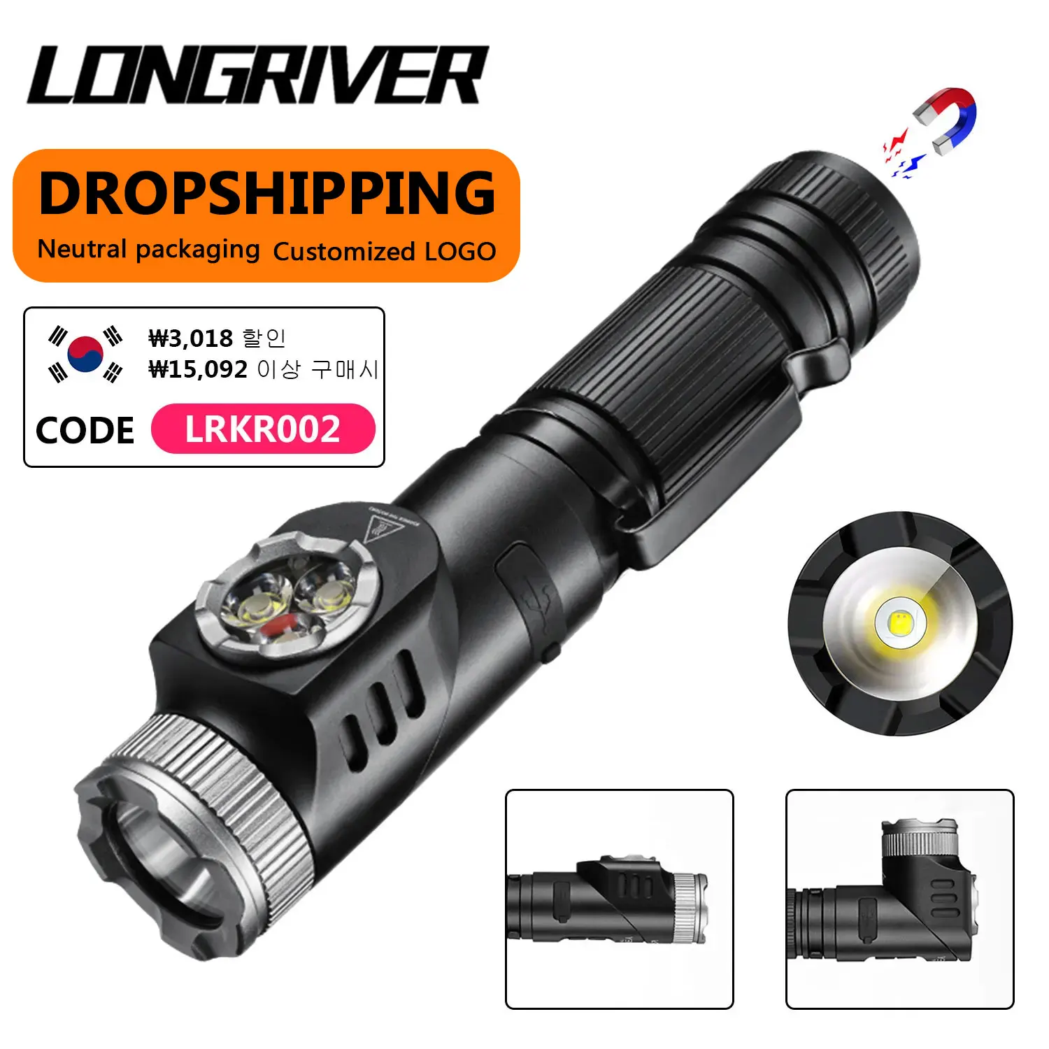 LONGRIVER F30X Magnetic Rotating Flashlight 2000LM SST40 Powerful Light 21700 USB C Rechargeable Torch Dual LED Light Source