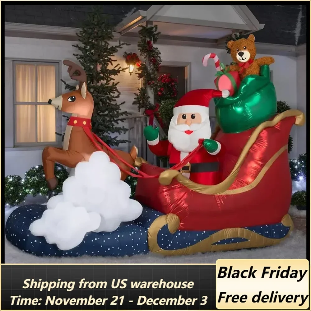 Gemmy 9.5' Wide Christmas Inflatable Santa's Flying Sleigh with Reindeer and Bag of Toys Indoor/Outdoor Holiday Outdoor Decorati