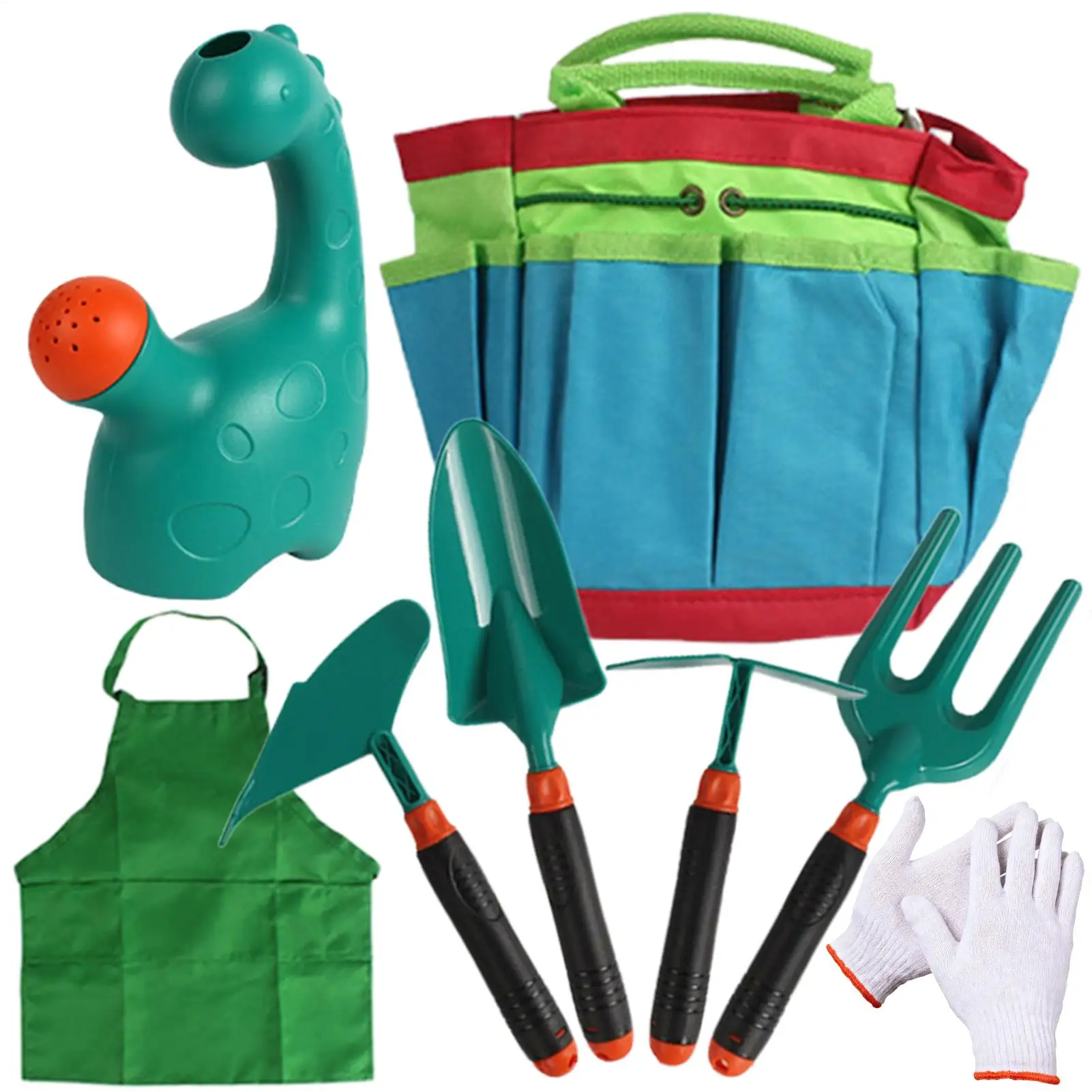 

Детский набор садовых инструментов с динозавром: лейка, лопатка, трехзубчатая грабелька, Т-образная грабелька, ручная мотыга, сумка для хранения садовых инструментов, перчатки, фартук.