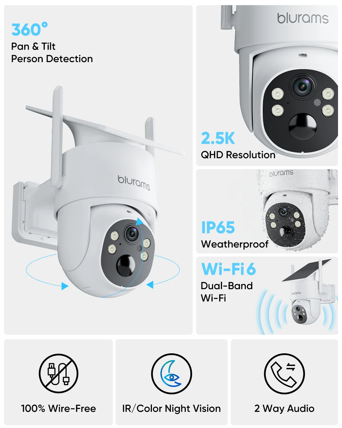 blurams 2K 2.4G/5G WiFi Home Security Camera Outdoor, IP65 360° PTZ  Outside  Motion Tracking, Color Night Vision, 2-Way Talk
