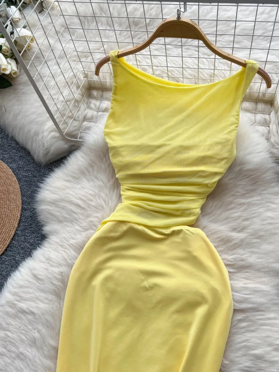 Foamlina Trendy Mesh Patchwork Bodycon Long Dress Women 2025 Summer Hot Sexy Cinched Waist Slim Fit Sleeveless Bodycon dress