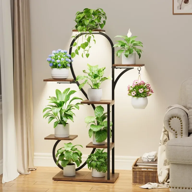 7 Tier Curved Metal Wood Plant Stand with Grow Lights Hooks Indoor Flower Pot Shelf Rack for Home Garden Decoration Display