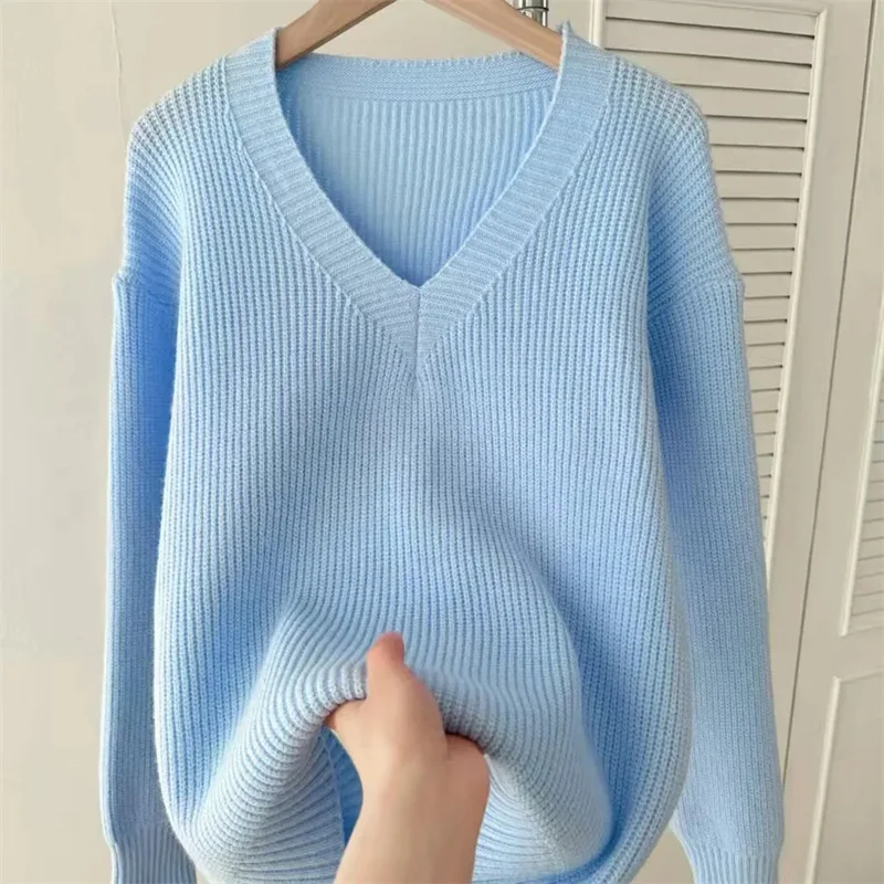 Women's Warm V-neck Pullover Knitted Sweater Korean Fashion Long-sleeved Loose Thin Inner Top Autumn and Winter New
