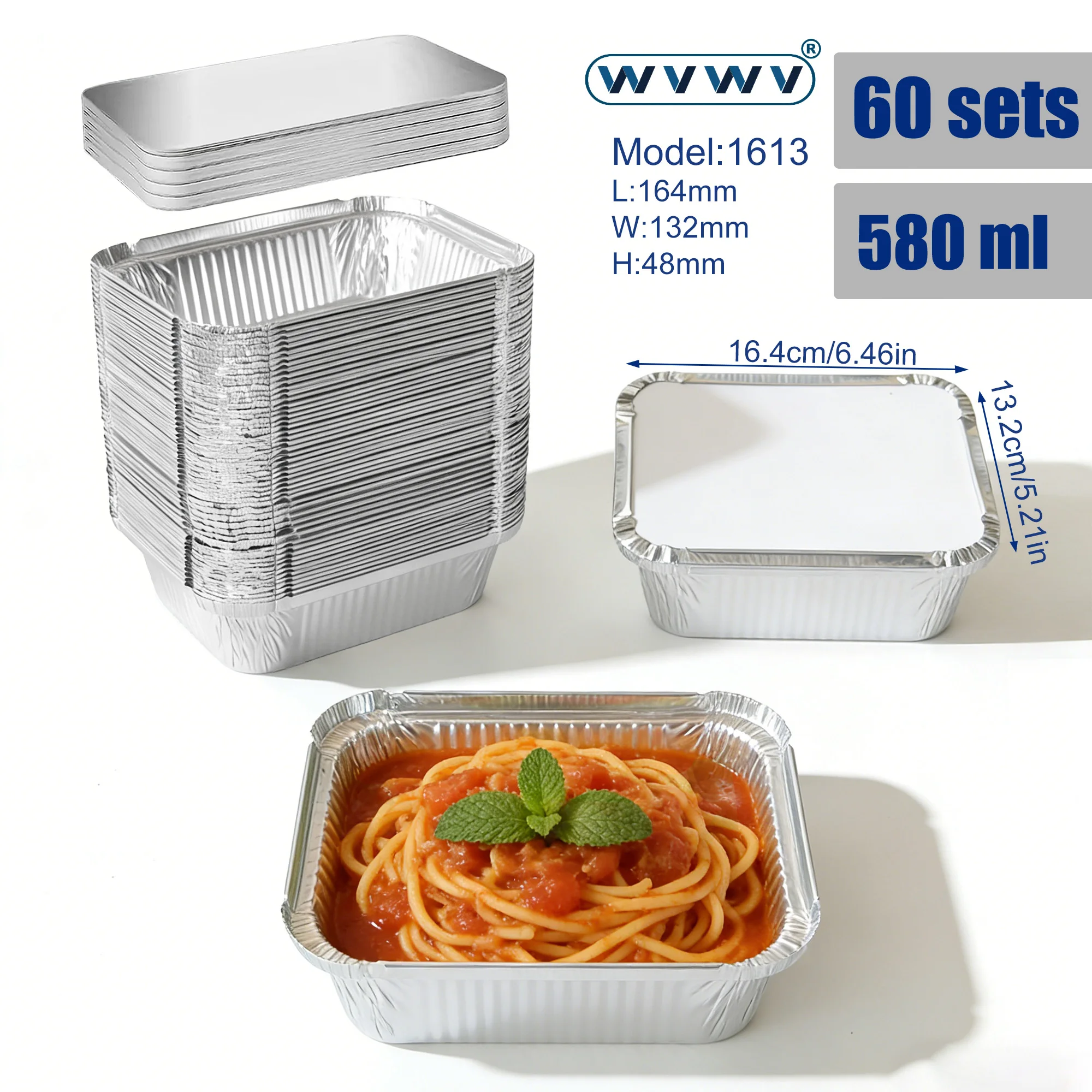 60 recipientes desechables de aluminio para alimentos de 560 ml, bandejas para hornear plateadas resistentes a altas temperaturas, aptas para freidoras de aire, cocinas con horno, preparación de comidas, barbacoas al aire libre, especialmente adecuadas para fiestas, reuniones familiares, picnics de camping, bodas y uso en restaurantes.