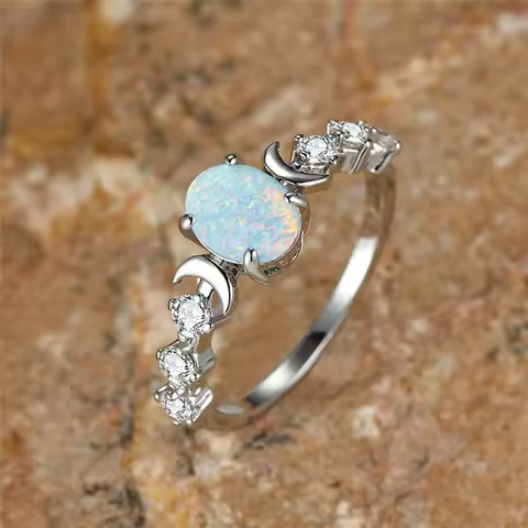 Female Fashion Small Moon Ring White Blue Opal Oval Stone Engagement Rings Rose Gold Silver Color Wedding Jewelry For Women