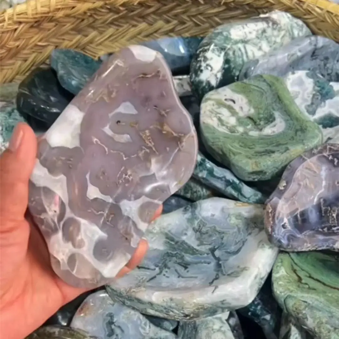 200-300G Natural Moss Agate Tree Crystal Carving Irregular Bowl Mineral Specimens Healing Energy Rock Candy Dish For Home Decor