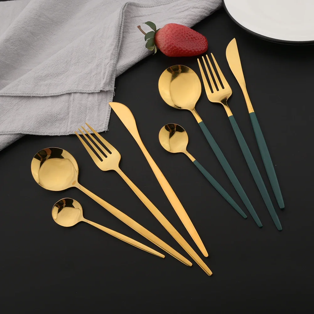 16Pcs Green Gold Dinnerware Stainless Steel Cutlery Set Knife Fork Tea Spoon Dinner Flatware Set Kitchen Silverware Tableware