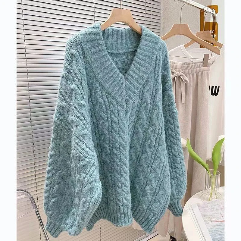 MEXZT Oversized Sweater Women Fashion Preppy Pink V Neck Knitted Pullovers Harajuku Korean Long Sleeve Knitwear Winter Jumpers