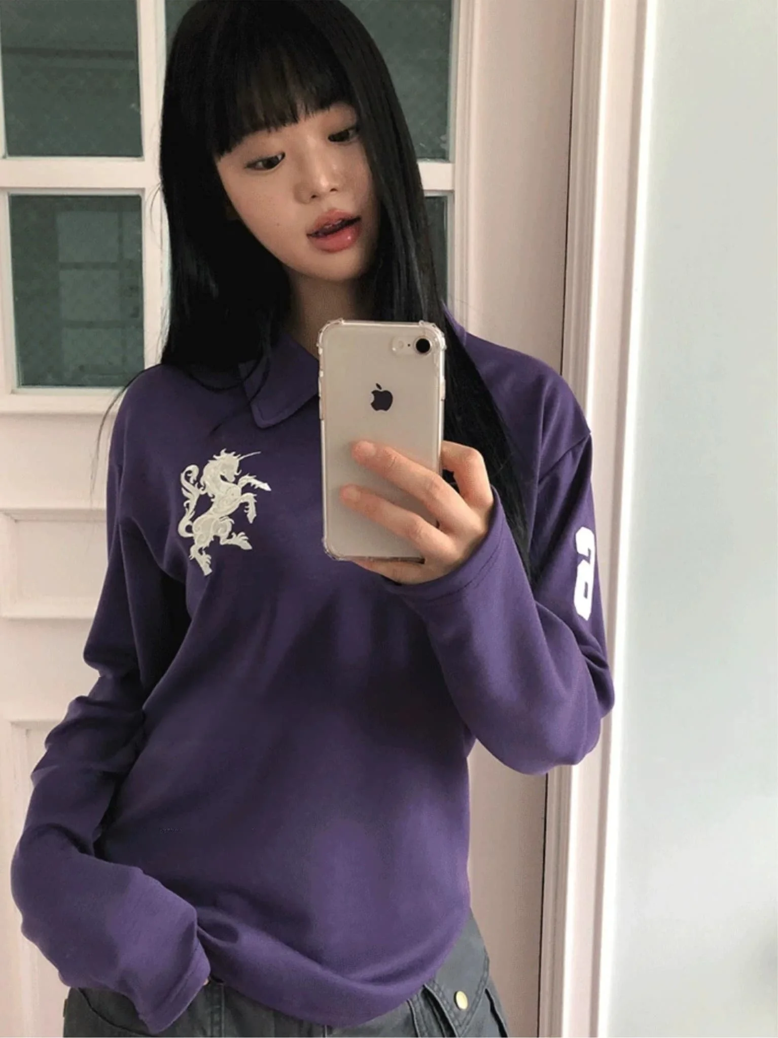 Retro Harajuku  Medal Casual  Half Buttoned T-Shirt Women's Korean Style Long Sleeve Breathable Comfortable Top