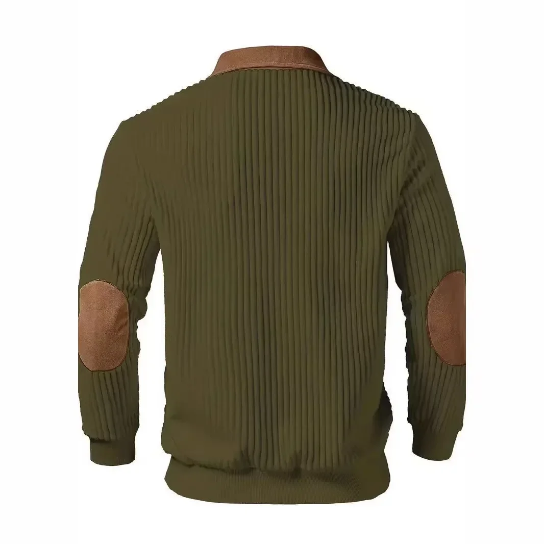 New Arrival Men Color Block Corduroy Collar Ribbed Long Sleeve Half Zip Polo Sweater Elbow Patches Casual Pullover Sweatshirts