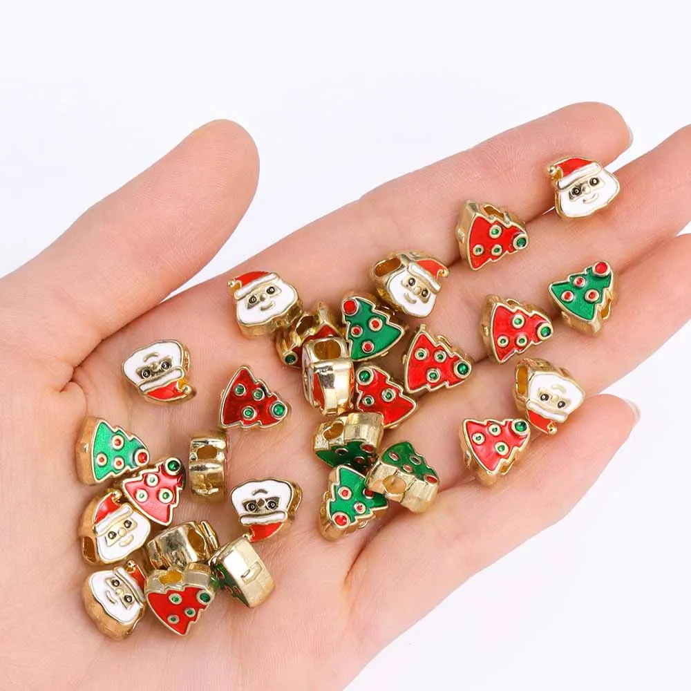 10Pcs Cute Enamel Santa Claus Christmas Tree Charms Beads Jewelry Making Bracelet Necklace Metal Spacer Bead DIY Ornament