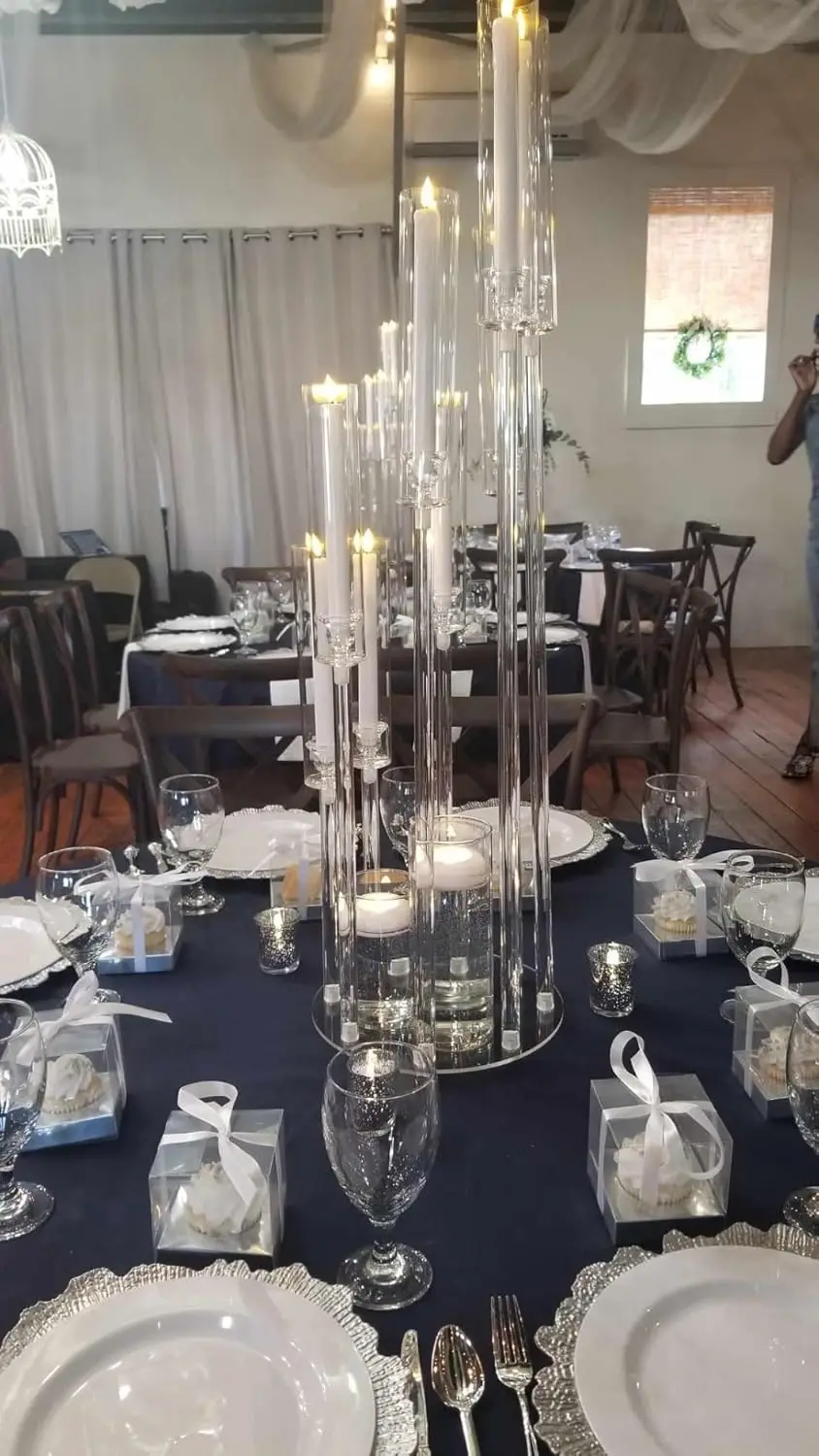 

8-ручевой 38,5-дюймовый акриловый подсвечник для канделябры, прозрачный подсвечник для свадебной вечеринки, центральная часть стола, подходит для светодиодных свечей