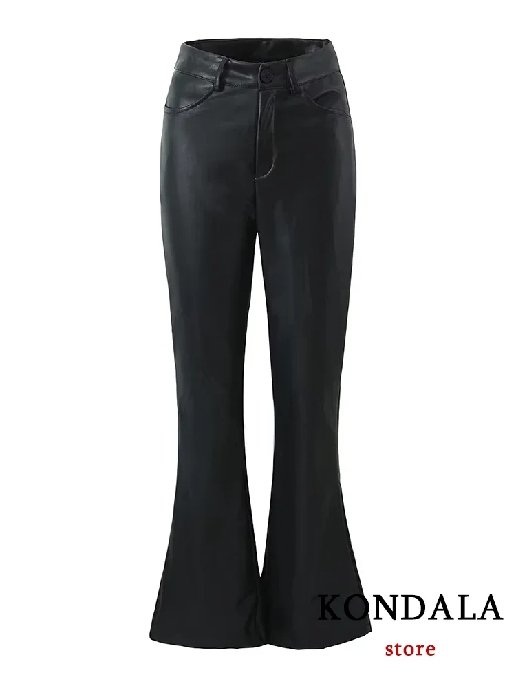 KONDALA Casual Xshape Women Pants Pockets Zippers Slim Flare Pants New Fashion 2023 Autumn Streetwear Leather Trousers