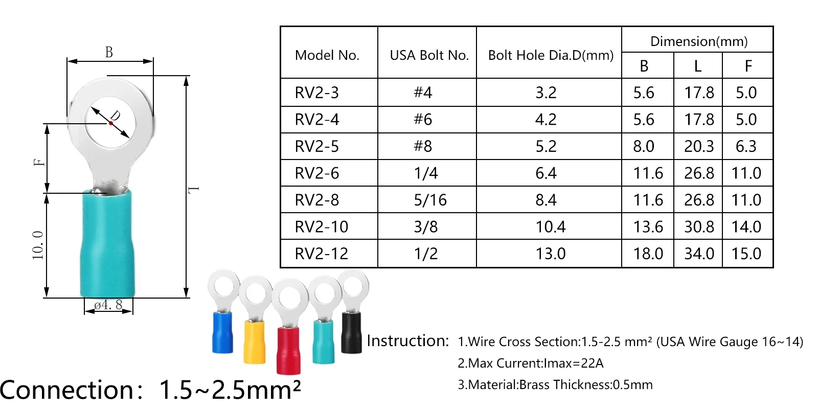 RV2-12 Per 20Pcs Wire Insert 1.5-2.5mm² Crimp Terminal  AWG16-14 Insulated Ring Terminal Tubular Cable Lug Starfix Connector