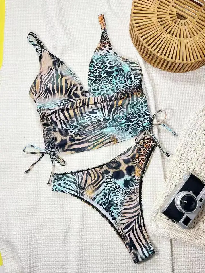 

Sexy Side String Bikini Swimwear Women Push Up Bathing Suit Ruched 2 Piece Swimsuit Leopard Beach Wear Maillot De Bain Femme