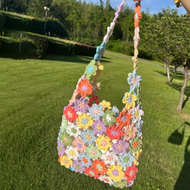 

Handmade Crochet Shoulder Bag For Women Colorful Flower Patchwork Hollow Out Knitted Tote Bag Boho Style Casual Travel Handbag