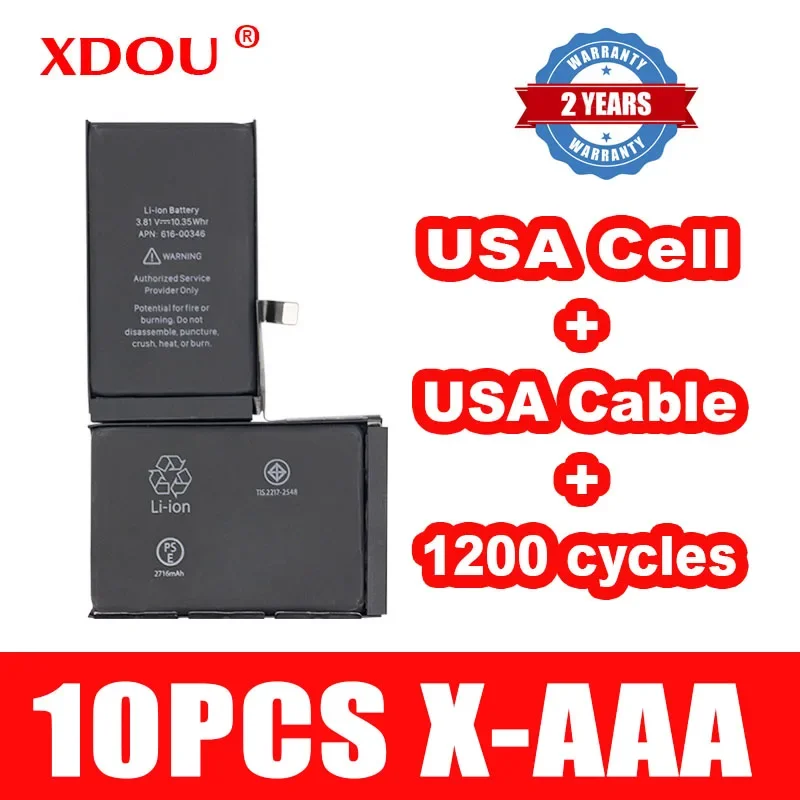 10pcs XDOU Battery For IPhone X 2716mAh Replacement Repair USA Cell Cable 1200 Times Cycles For  IPhoneX 2024 AAA