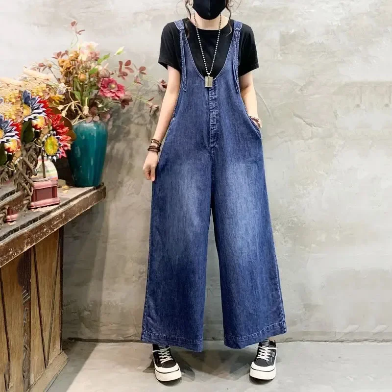 Macacão jeans de grandes dimensões feminino, streetwear, suspensórios, cintura alta, reto, jeans de perna larga, calça casual feminina, macacão, A374