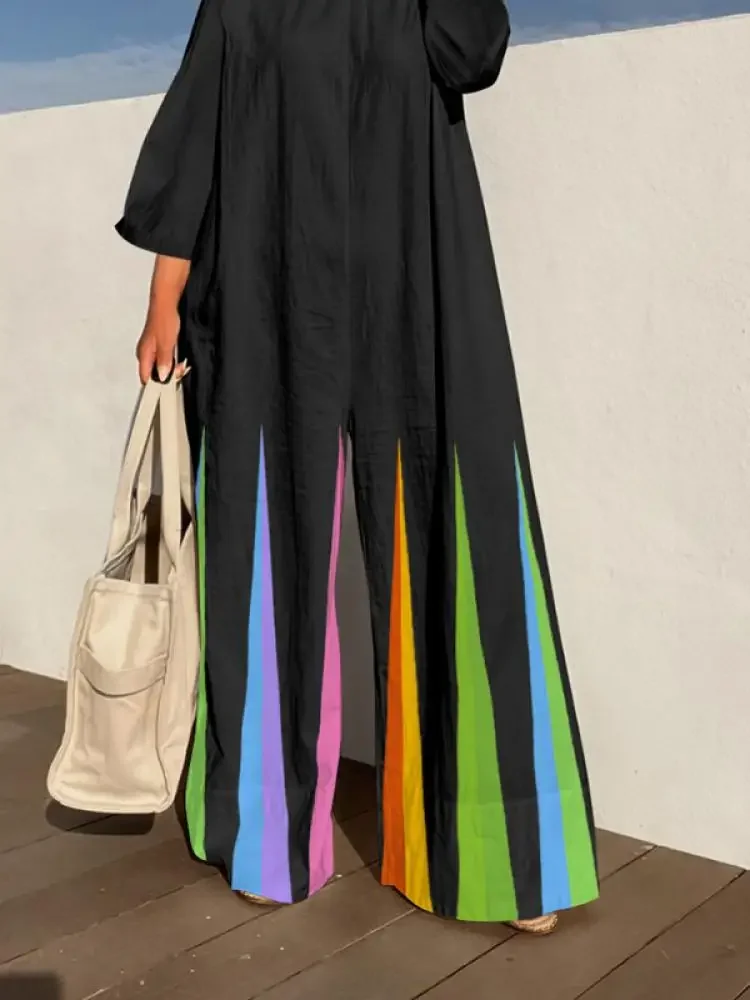 Modigirl Woman 2024 New Collection Jumpsuit Long Sleeves Oversize Colorful Striped Wide Leg Pants One-piece Suit Fit Woman‘s