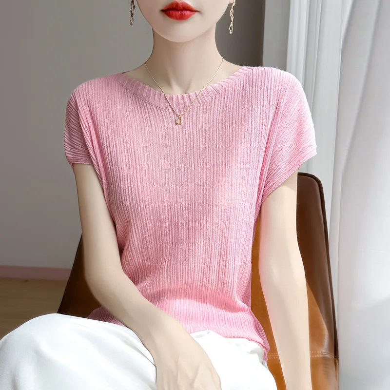 T-shirt a maniche corte slim slim da donna classica versatile semplice tinta unita colletto rialzato pieghettato estate 2025