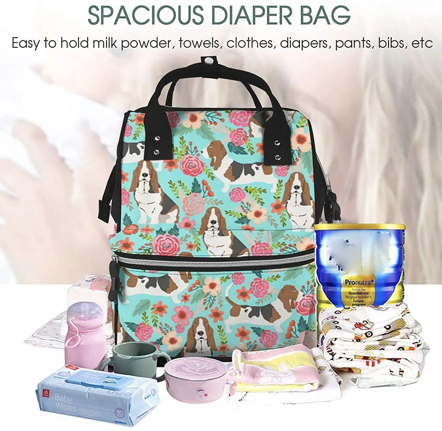 Mochila com estampa de cachorro engraçado, bolsa de fraldas multifuncional para maternidade, bolsa infantil com bolso para laptop, alças para carrinho