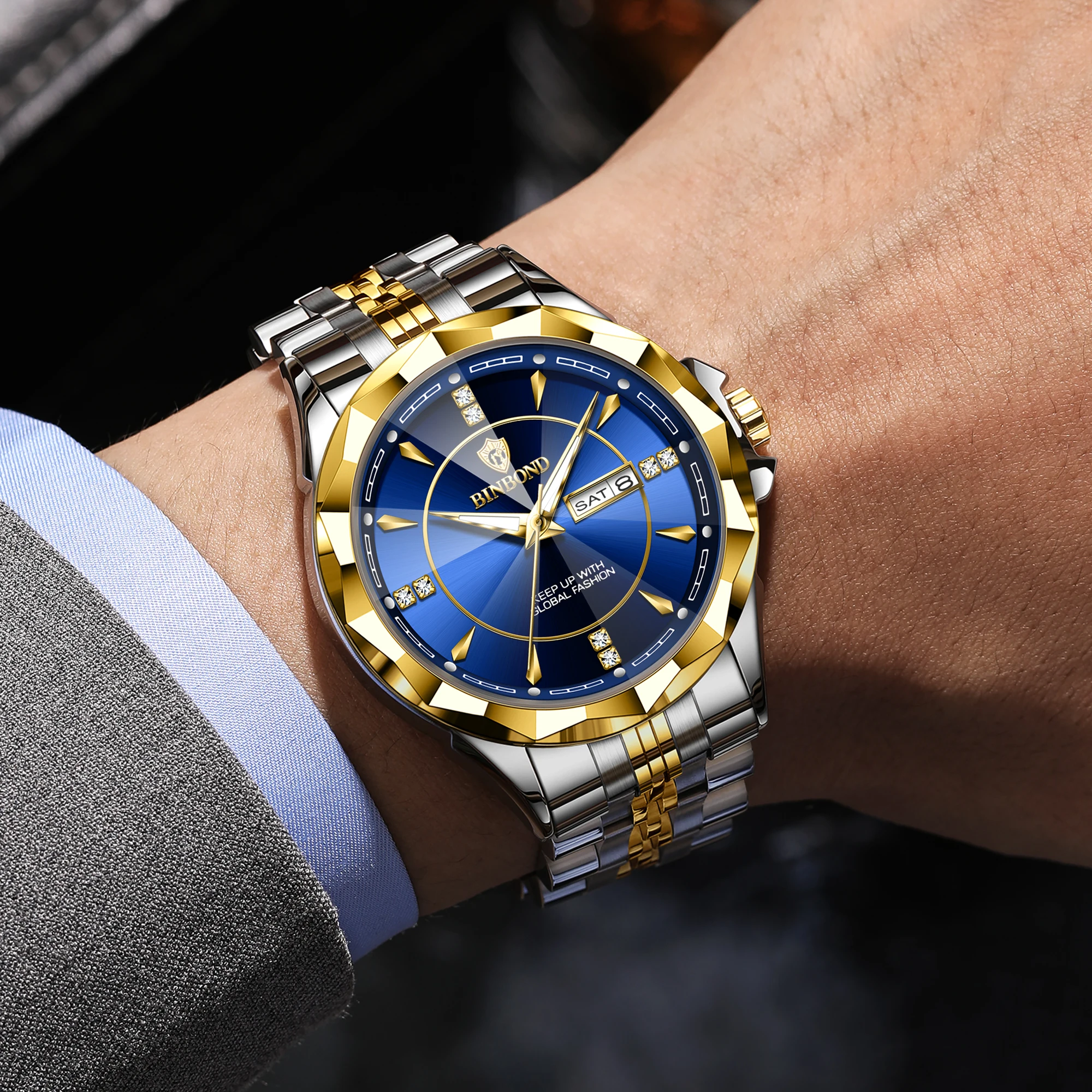 BINBOND Watches for Man Luminous Auto Date Week Display Water-Resistance Stainless Steel Bracelet  B7473 Quartz Wristwatches