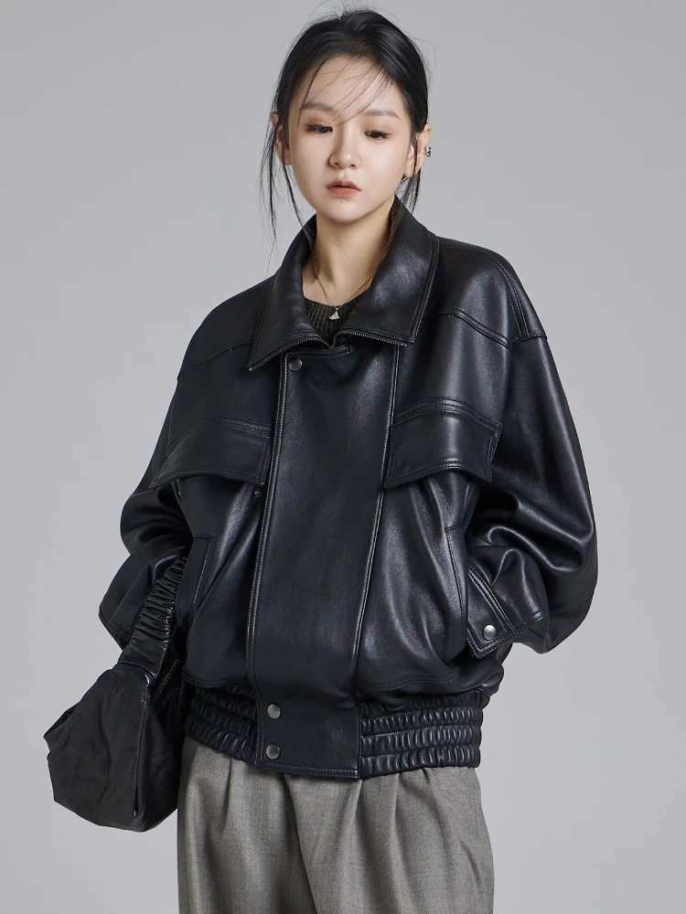 Classic Genuine Leather Motorcycle Jackets for Women Autumn Winter 2025 High-end Simple Casual Soft Black Real Sheepskin Coat