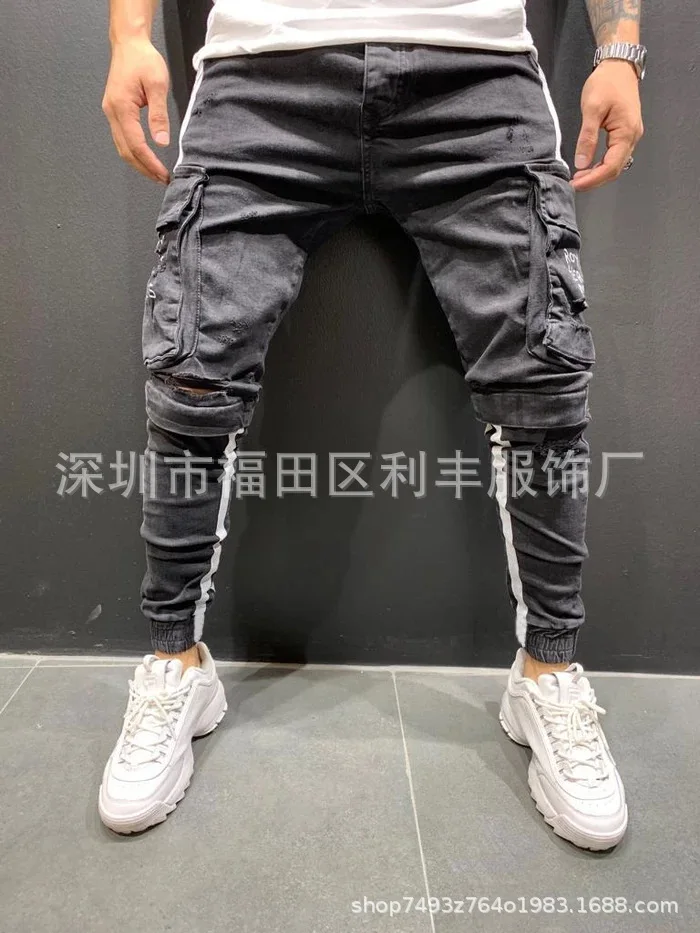 Men Jeans Denim Ankle Length Pencil Pants Mid Waist Holes Sheath Pockets Slim High Street Patchwork Slight Strech Washing