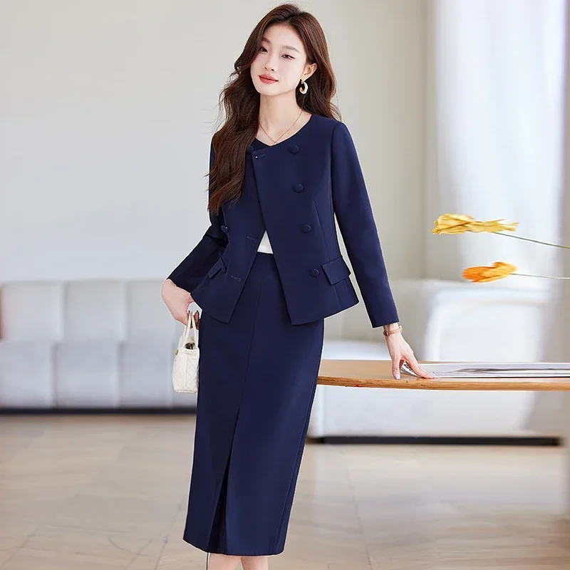 Elegant Suit and Skirt Set: Women\'s 2024 Autumn New Fashion Korean-style Sweet Round Neck Coat Trend Female Lady Two-piece Set