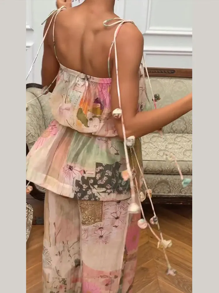 3D-Blumenbedruckte Spitzen-Oberteile mit Schnürung und Hosenanzüge für Damen, sexy ärmellose, rückenfreie, schmale Oberteile, weit geschnittene Hosen, charmante Damen-Outfits, neu – Detail 6