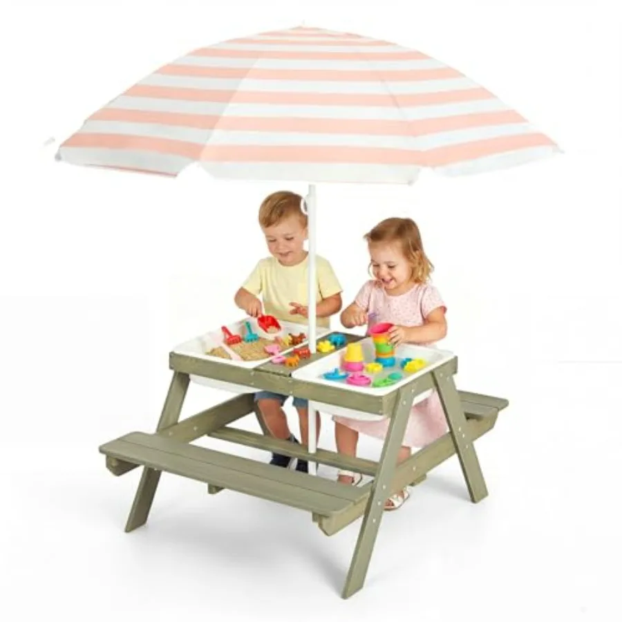 Outdoor sensory table for toddlers: wooden sand water play station with removable weatherproof umbrella, natural wood finish, 4