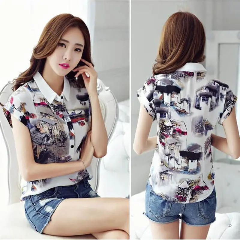 Casual Temperament Short Sleeve Printed Chiffon Shirt for Women\'s 2024 Summer New Korean Version Loose Fashionable Commuting Top