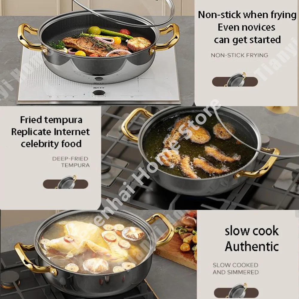 30cm Stainless Steel Soup Pot Wok Non-stick Honeycomb with lid Household Hot Pot Frying Pan Induction Cooker Gas Stove Universal