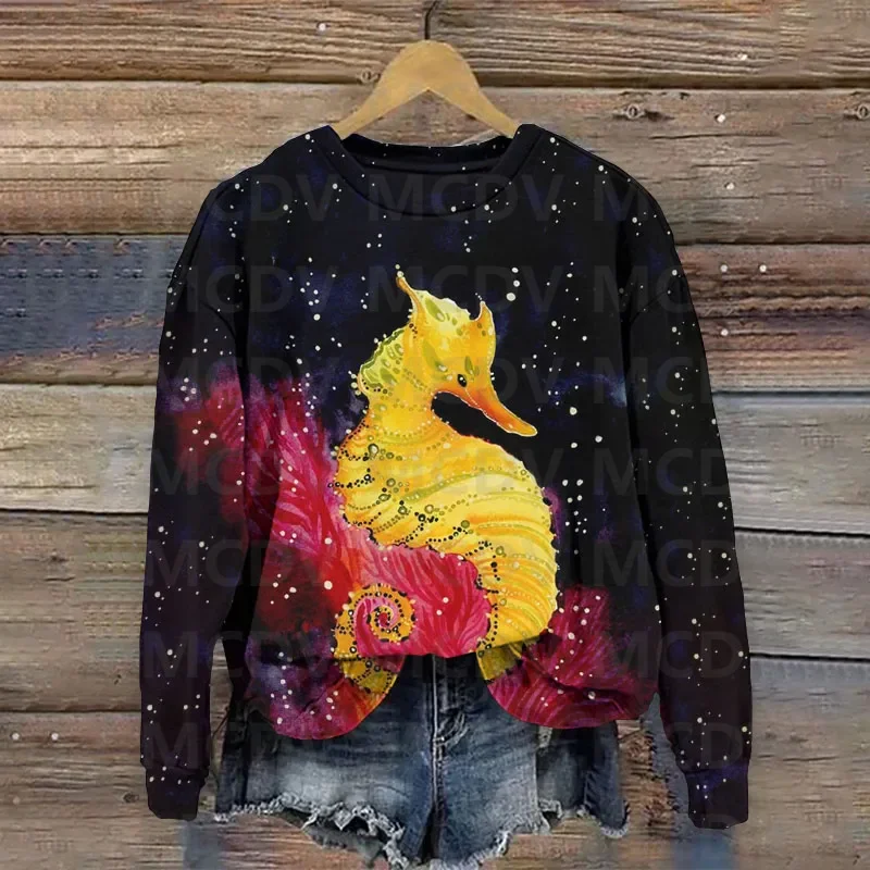 Seahorse Couple Oil Painting Art Print Crew Neck Sweatshirt 3D Printed Women Casual Pullover