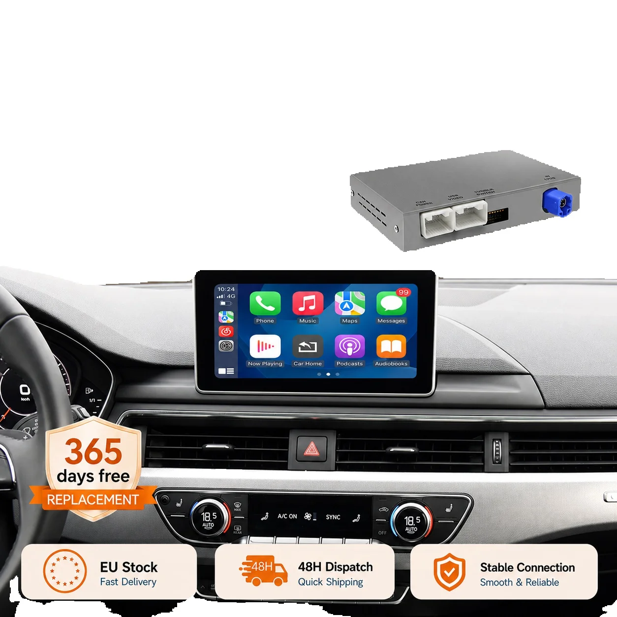 Bezprzewodowy dekoder interfejsu CarPlay do Audi A4 B9 A5 Q5 Q7 2016-2019, z Android Auto, AirPlay, Mirror Link, Car Play, kamerą, BT, GPS — 2