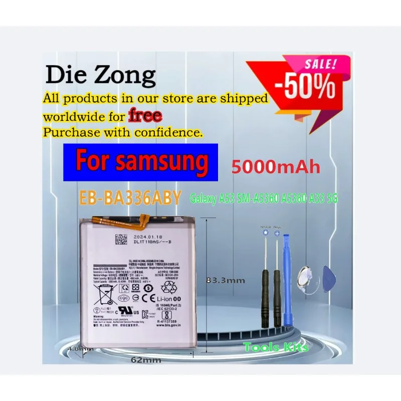 In Stock  For Samsung Galaxy A33 A53 5G SM-A5360 A536+free tools 5000mAh Battery EB-BA336ABY Battery