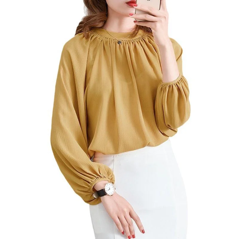 3XL Loose Women Spring Autumn Blouses Shirts Lady Fashion Casual Long Sleeve O-Neck Collar Yellow Clothing Blusas Tops G2564