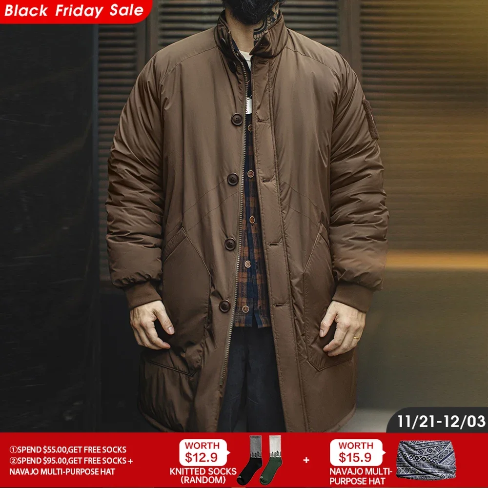 Maden Retro Brown Mid-length Stand-up Collar Cotton-padded Coat Single-breasted Thickened Warm Jacket for Men's Winter Outerwear