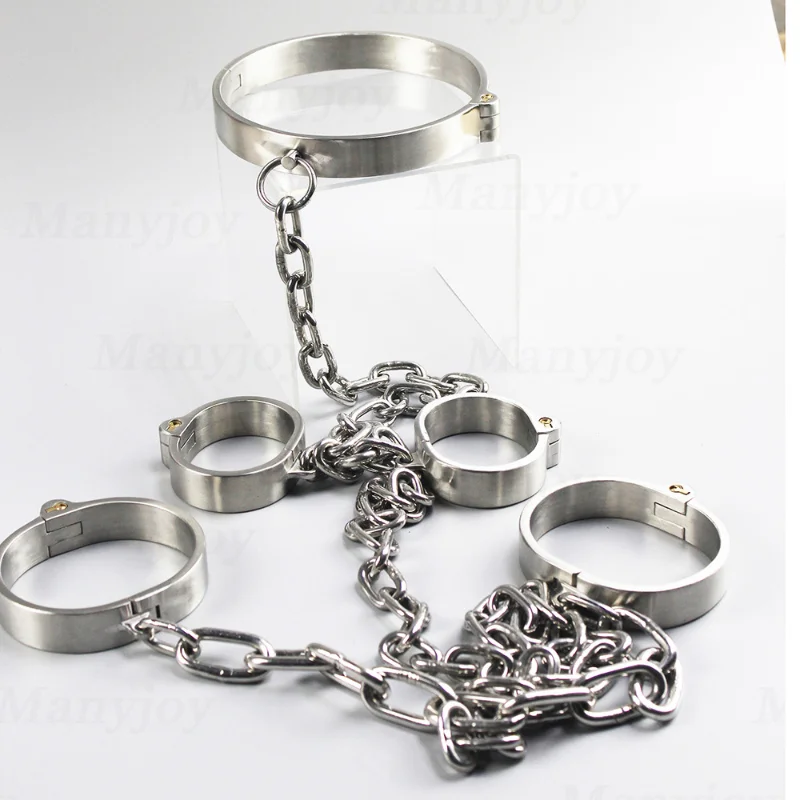 Stainless Steel Restraints Hand/Ankle Cuffs Neck Collar with Chain Lockable Bondage BDSM Reatraint Sex Toys for Women Men