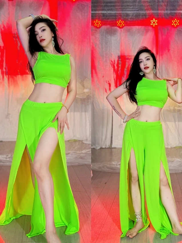 Traje de Práctica de Danza Oriental Sexy, Pantalones Anchos con Abertura Cruzada para Danza del Vientre, Chaleco Atado, Ropa ...