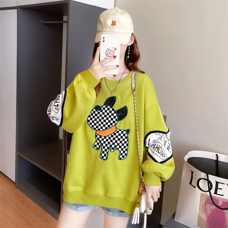 2024 Autumn Winter New Casual Korean Printing O-neck Long Sleeve Mid Length Top Femme Loose Cartoon Pullover T-Shirts Women\'s