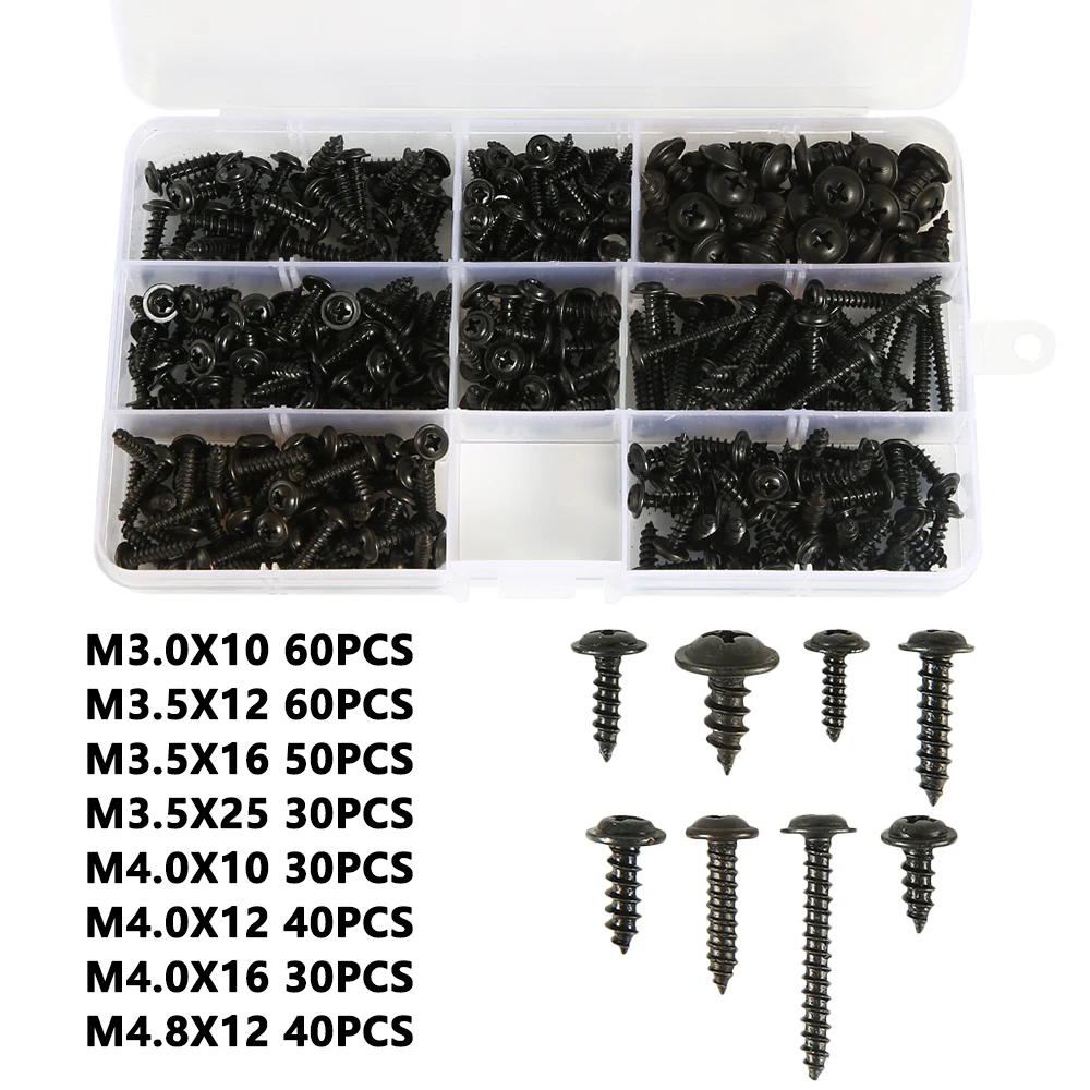 340/500pcs Pan Head Tapping Screw Cross Head M3/M4/M3.5/M4.8 Self Tapping Screw Set Assortment Kit Black Furniture Carbon Steel