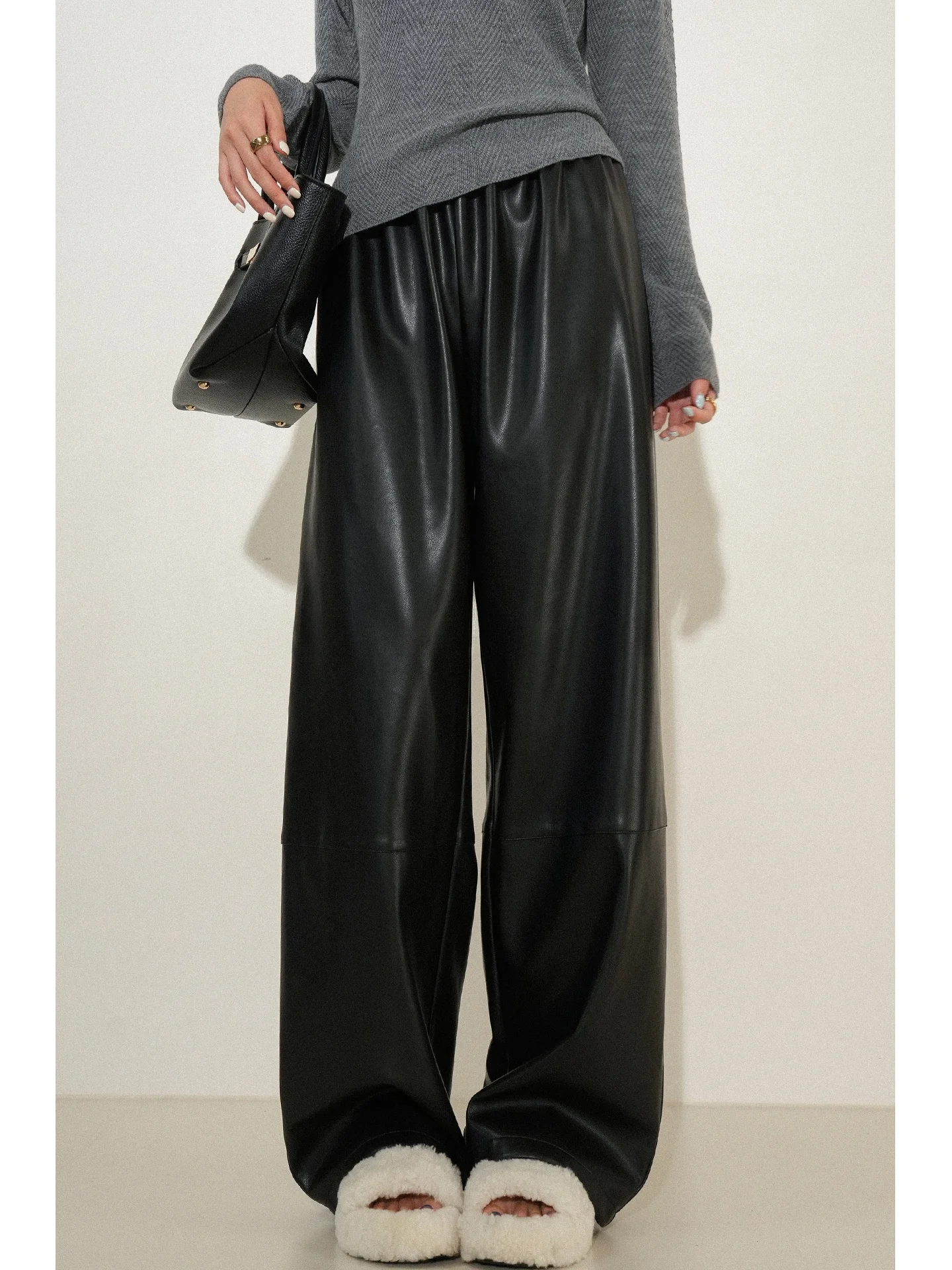 

QCEO High Waist Straight Leg PU Leather Pants Women's Cool Casual Wide Leg Trousers Faionable Modern High Quali Autumn