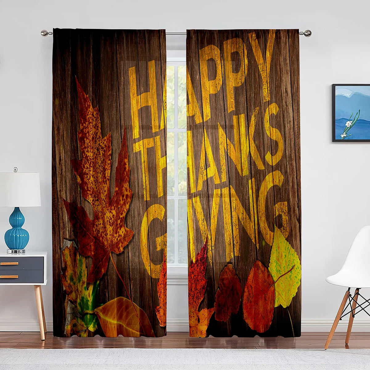 Thanksgiving Rustic Autumn Wooden Background Sheer Curtain for Living Room Hall Wall Dress Up Home Window Print Tulle Curtains