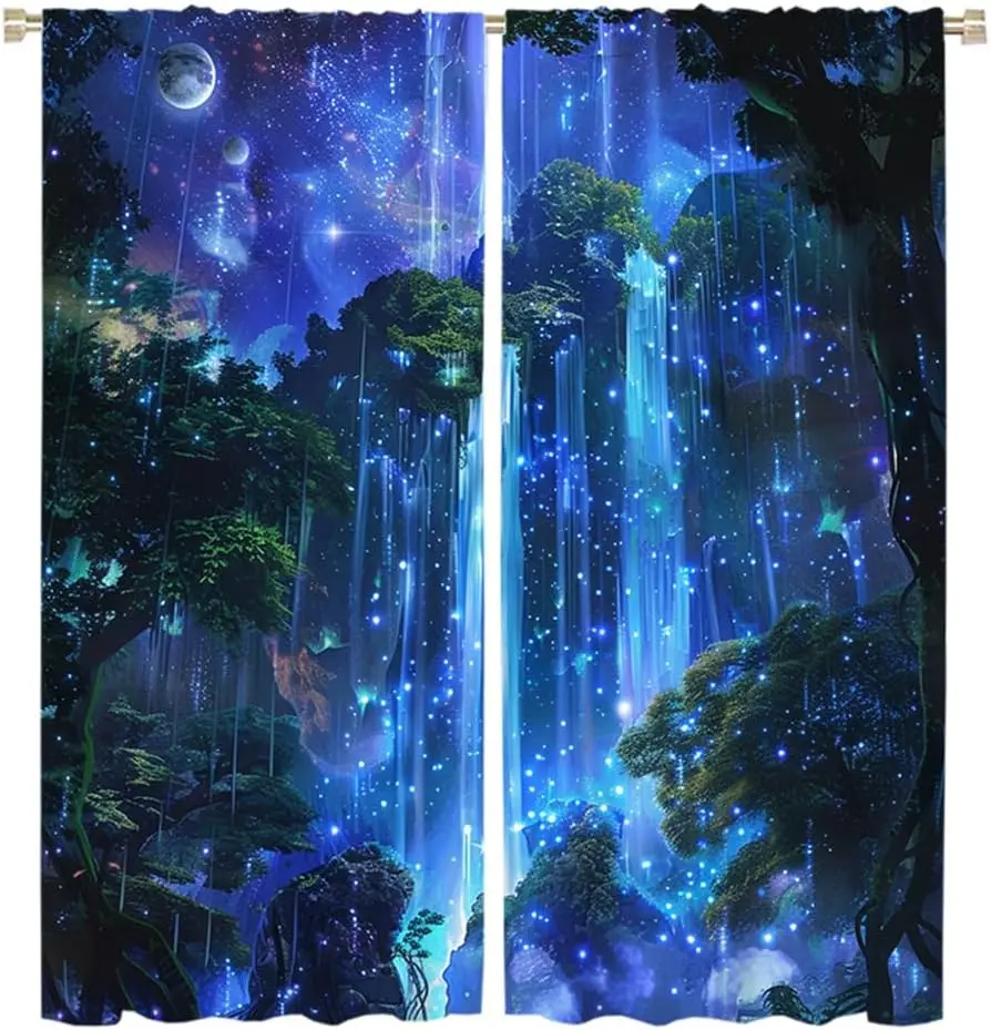 Cosmic Galaxy Forest Curtains Night Sky Window Curtain Panels Magical Fantasy Blue Aesthetic Polyester Home Decor Drapery
