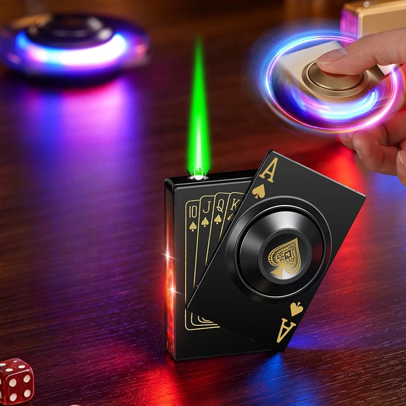 New Creative Playing Card Spinner Lighter, Windproof Green Jet Flame Lighter ,Spinner Cigarette Igniter Men