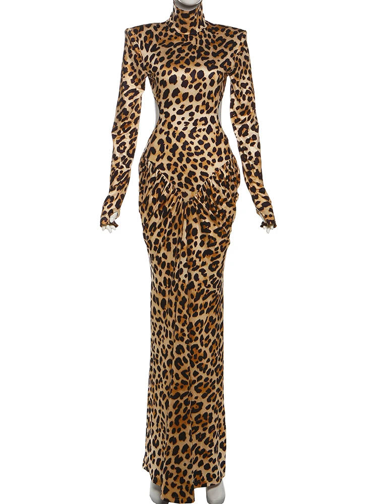 Nibber Leopard Print Maxi Dress Women Backless Full Sleeve Turtleneck Peach Butt Folds Skinny Fashion Elegant Banquet Vestidos