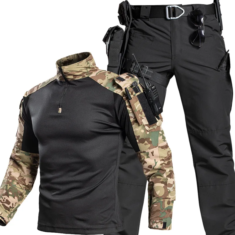 Men’s US Military Combat Uniform, Frog Style Long Sleeve Camo Set, Tactical Training Suit for Wholesale