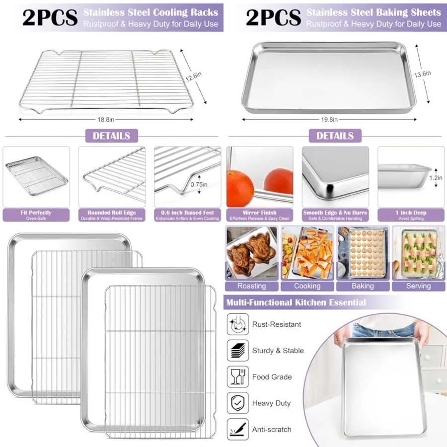 

Large Baking Sheet with Wire Rack 2 Pans + 2 Racks,20 x 14 Inch Stainless Steel Cookie Pans Tray Cooling Rack for Baking, Non T